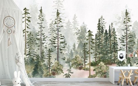 Owl Nursery Decor, Pine Tree Forest, Woodland Wall, Pine Trees Forest, Forest Wall Mural, Tree Decals, Nursery Decals, Forest Wallpaper, Watercolor Walls