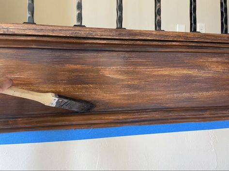 Wooden Stair Railing, Painting Fake Wood, Stained Wood Trim, Mdf Trim, Faux Wood Paint, Dark Wood Trim, Dark Brown Furniture, Stained Trim, Brown Paint Colors