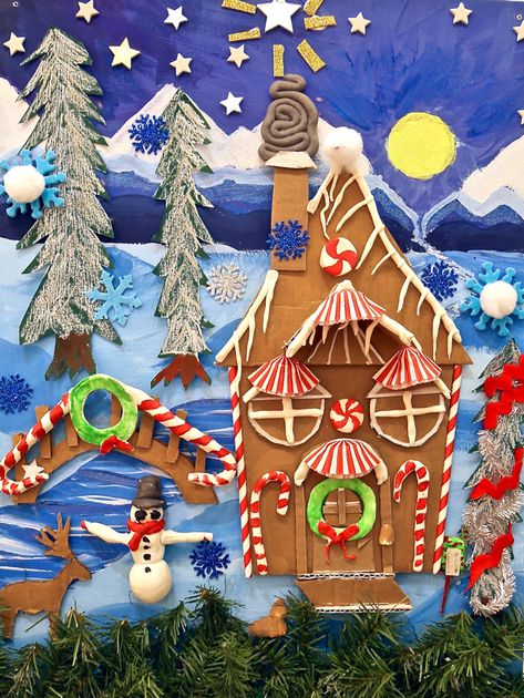 DIY Cardboard “Candy” Cottage   First Friday Crafting Gingerbread School House, Gingerbread House School, Gingerbread House Art Lesson, Gingerbread House Acrylic Painting, Winter Village Art Project, Candy Cottage, Winter Art Lesson, Christmas Art Projects, Winter Art Projects