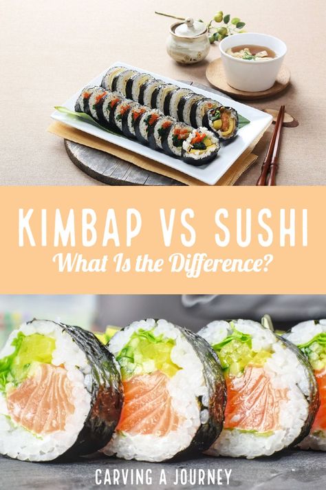 Have you ever wondered about what is different between Korean kimbap and Japanese sushi? Both use rice and dried seaweed. Beyond that, they are entirely different. For the Korean food and Japanese food lovers out there, check out this blog about the difference between kimbap and sushi! #Koreanfood #Japanesefood #kimbap #sushi Kimbap Filling Ideas, Korean Food Lunch Boxes, Sushi Inspired Recipes, Korean Sushi Kimbap, Sushi Lunch Box Ideas, Easy Kimbap Recipe, Kimbap Recipe Korean, Kimbap Sushi, Gourmet Sushi