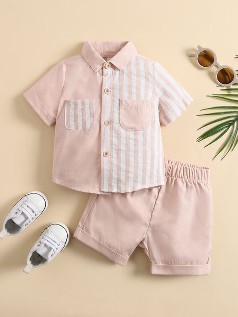 Dusty Pink Casual  Short Sleeve  Colorblock,Striped  Embellished Non-Stretch Summer Baby Clothing Boys Shirts Style, New Baby Dress, Boys Shirts Pattern, Kids Dress Collection, Baby Boy Dress, Kids Frocks Design, Baby Dress Design, Kids Designer Dresses