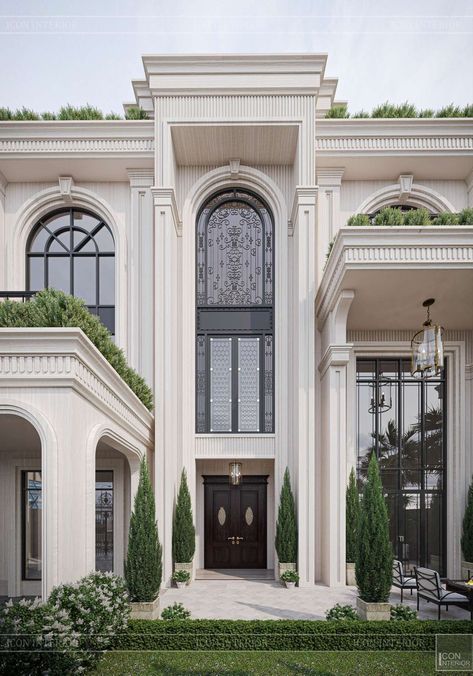 Classical Exterior Design, Neo Classic Villa Exterior, Neoclassical Facade, Classic Facade Design, Thailand Villa, Classic Villa Exterior, Villa Elevation, New Classic Villa, Satellite City