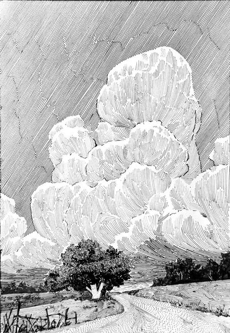 Traditional Pen and Ink Illustrators | I love drawing clouds ♥️ | Facebook Croquis, Ink Art Buildings, Pen Cloud Drawing, Sky Ink Drawing, Clouds Pen Drawing, Cloud Ink Drawing, Dust Cloud Drawing, Night Sky Sketch Pencil, Horizon Line Drawing