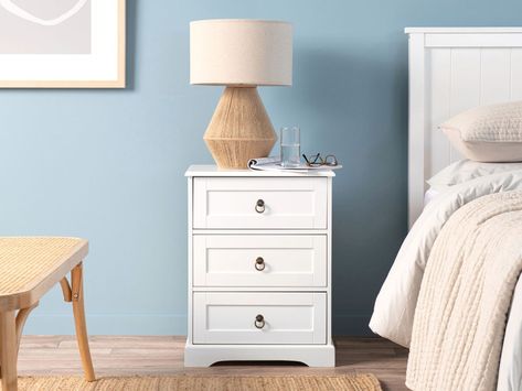 Mocka Hampton Style Bedside Tables, Hamptons Bedroom, Style Bedside Table, Upcycle Furniture, Sliding Drawers, Hamptons Style, Bedroom Lamps, Drawer Slides, Bedside Tables