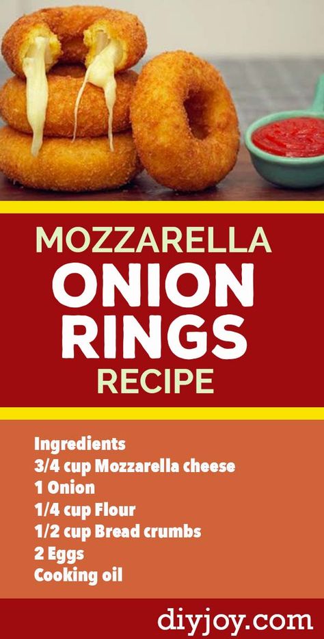 Mozzarella Onion Rings Recipe, Stuffed Onion Rings, Side Dishes For Dinner, Recipe With Cheese, Dishes For Dinner, Onion Rings Recipe, Homemade Foods, Work Diy, Country Cooking