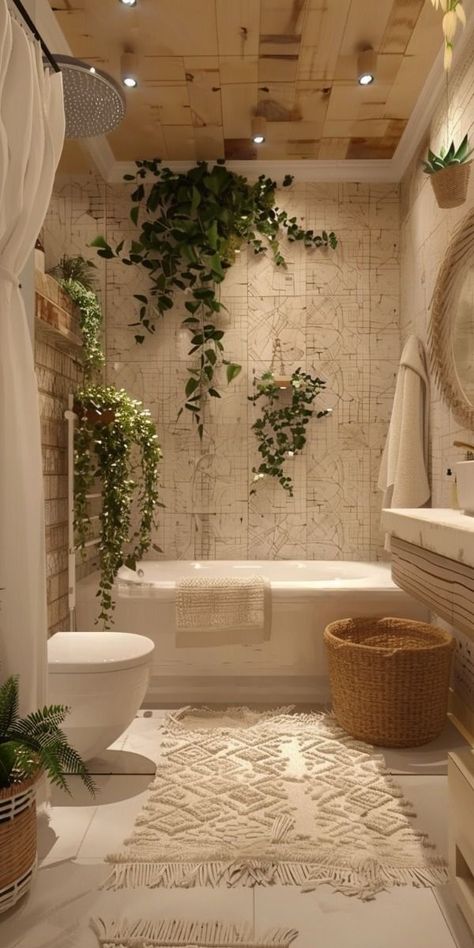 Boohoo Bathroom Ideas, Cosy Toilet Ideas, Boho Washroom Decor, Bathroom Plant Aesthetic, Earthy Home Interior Design, Earthy Vintage Bathroom, Planty Bathroom Ideas, Green Spa Bathroom Ideas, Trendy Decor 2024