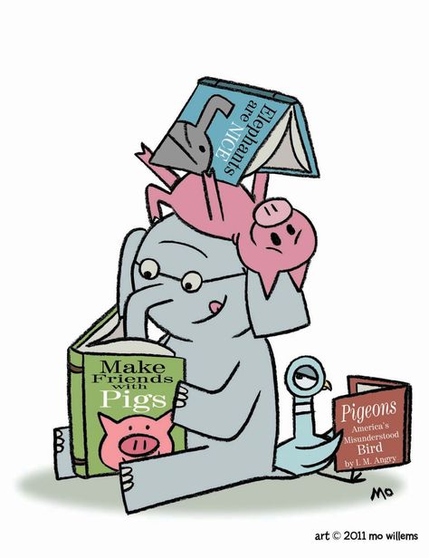 Piggie, Gerald, and the Pigeon - a bunch that loves to read! Reading Quotes, Library Posters, Reading Posters, Mo Willems, Elementary Library, Author Studies, Library Displays, Classroom Library, Reading A Book