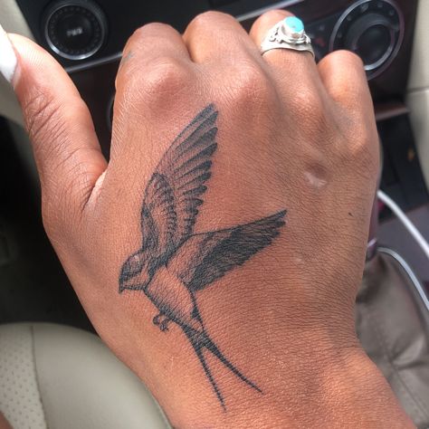 Swallow Bird Hand Tattoo, Sparrow Tattoo On Hand, Swallow Hand Tattoo Women, Swallow Tattoo On Hand, Two Hand Tattoo, Hand Swallow Tattoo, Matching Sparrow Tattoos, Humming Bird Hand Tattoo, Hand Tattoos Bird