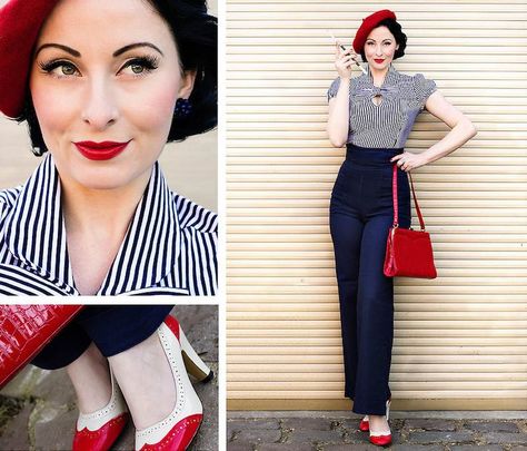 idées sur la tenue et les accessoires chic pour une fête à thème année 50 Stile Pin Up, French Sailor, Mode Rockabilly, Rockabilly Mode, Marlene Hose, Vintage Girls Dresses, Look Retro, Vintage Wardrobe, Retro Mode