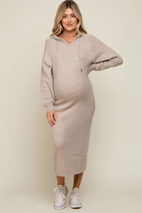 Beige Hooded Maternity Sweater Midi Dress | PinkBlush Maternity Cute Pregnancy Outfits For Fall, Winter Maternity Dress, Fall Maternity Outfits, Sweater Midi Dress, Formal Maternity Dress, Pinkblush Maternity, Maternity Chic, Cute Maternity Outfits, Stylish Maternity Outfits