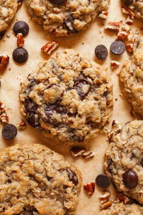 Coconut oatmeal chocolate chip cookies are sweet, chewy, and full of texture! Your favorite oatmeal chocolate chip cookie gets an upgrade with plenty of sweetened, shredded coconut. Oat Cookies Chocolate Chip, Coconut Oil Oatmeal Chocolate Chip Cookies, Oatmeal Chocolate Chip Nut Cookies, Gourmet Oatmeal Cookies, Choc Chip Oatmeal Cookies Recipes, Coconut And Oatmeal Cookies, Oatmeal Chocolate Chip Cookie Recipe Healthy, Oatmeal Chocolate Chip Cookies Healthy, Oat Coconut Cookies