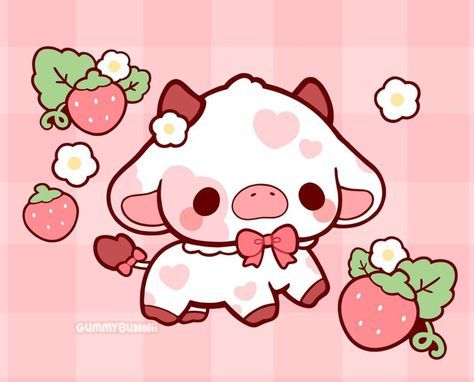 Strawberry Cows, Cottage Core Art, Strawberry Cow, Kawaii Tattoo, Pig Art, Pink Cow, Pretty Images, Cute Pigs, January 20