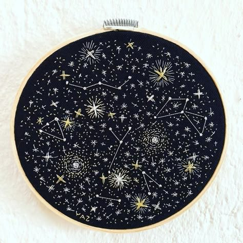 Embroidery Patterns Stars, Space Embroidery Designs, Embroidery Night Sky, Star Embroidery Designs, Embroidery Constellation, Constellation Crochet, Embroidery Galaxy, Embroidered Constellations, Space Embroidery Pattern