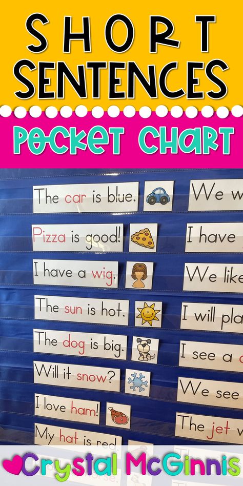 If you are looking to add to your pocket chart centers, try this simple sentence pocket chart. Students read the simple sentences, and then find the picture that matches the topic of the sentence. They place that picture beside the sentence in the pocket chart. This is perfect for 3rd and 4th quarter of kindergarten, as students are beginning to read basic sight words and text at that point in the school year. Build Sentences Kindergarten, Sentence Matching To Picture, Simple Sentences Anchor Chart, Sentence Activities Kindergarten, Sentence Stems Kindergarten, Build A Sentence Kindergarten, Sight Words Chart Ideas, Sentence Kindergarten, Sentence Building Kindergarten