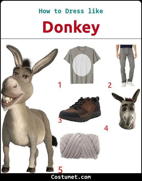 Donkey (Shrek) Costume Diy Donkey Costume Shrek, Donkey Costume Diy, Shrek Donkey Costume, Shrek Costume Ideas, Dark Brown Sneakers, Donkey Mask, Donkey Costume, Shrek Jr, Shrek Character