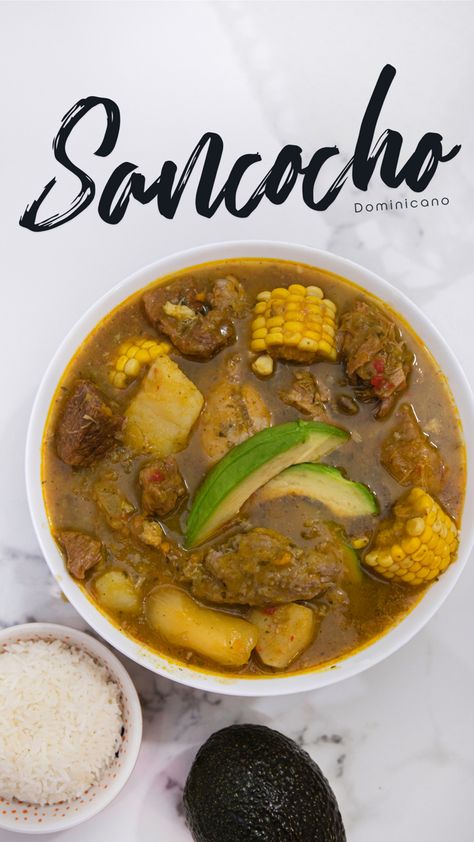 Sancho Soup Recipe, Sanchoco Recipe, Essen, Sancho Recipe Beef, Bistec Dominicano, Dominican Chicken Stew, San Cocho Soup, Dominican Soup Recipes, Easy Sancocho Recipe