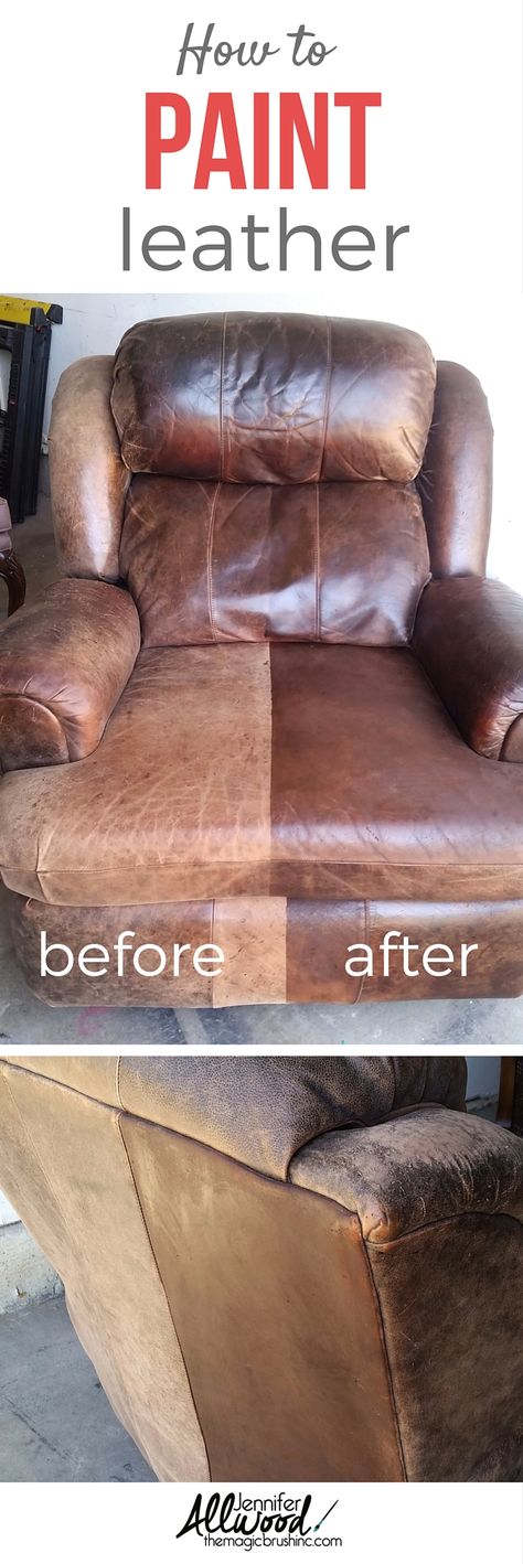 How to fix worn out leather furniture with paint! See the before - faded and cracked from the sun and worn out from being sat in. And see the gorgeous after! It's a major furniture facelift and it's super easy to do! More DIY projects, painting tips and decorating advice from theMagicBrushinc.com Upcycling, Furniture Repair, How To Paint Leather, Paint Leather, Pants Leather, Decorating Advice, Cute Dorm Rooms, Leather Repair, Leather Paint