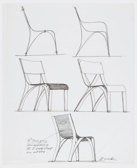 Five designs for a plywood chair showing two alternative side elevations, two alternative perspective views, and a rear perspective view, showing different construction methods. Chair Side View Drawing, Chair Side View, Side View Drawing, View Drawing, Drawing Furniture, Chair Drawing, Furniture Sketch, Perspective View, Furniture Design Sketches