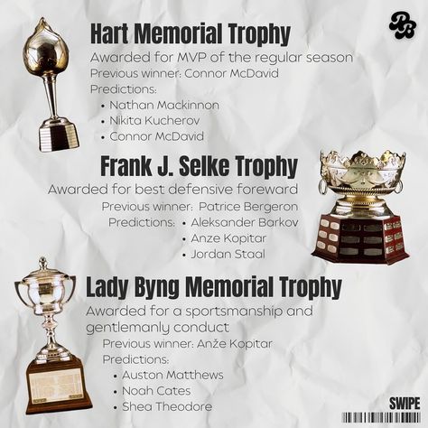 You’ve heard about these trophies throughout the season but do you really know what each award is for? 🏆 Swipe to learn! #Hockey #NHL Created by graphic designer: Carissa Ng Bobby Orr, Do You Really, Graphic Designer, You Really, Nhl, Hockey, To Learn, Created By, Graphic Design