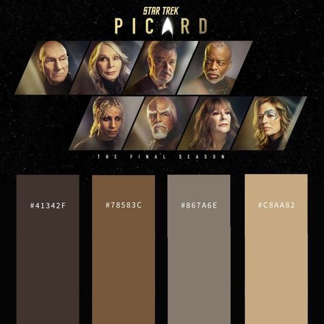 The color pallete for star trek picard Season 3 Star Trek Color Palette, Star Trek Picard Season 3, Branding Moodboard, Star Trek Picard, Color Pallete, Concept Development, Season 3, Star Trek, Color Palette