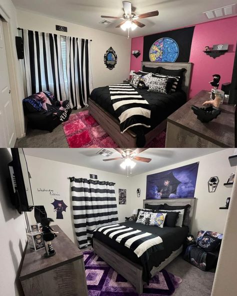 Wednesday Bedroom Aesthetic, Wednesday And Enid Room Ideas, Wednesday And Enid Bedroom Ideas, Wednesday Addams Theme Bedroom, Wednesday Addams Inspired Bedroom, Wednesday Addams Inspired Room, Wednesday Adams Bedroom Ideas, Wednesday Adams Bedroom, Wednesday Themed Bedroom