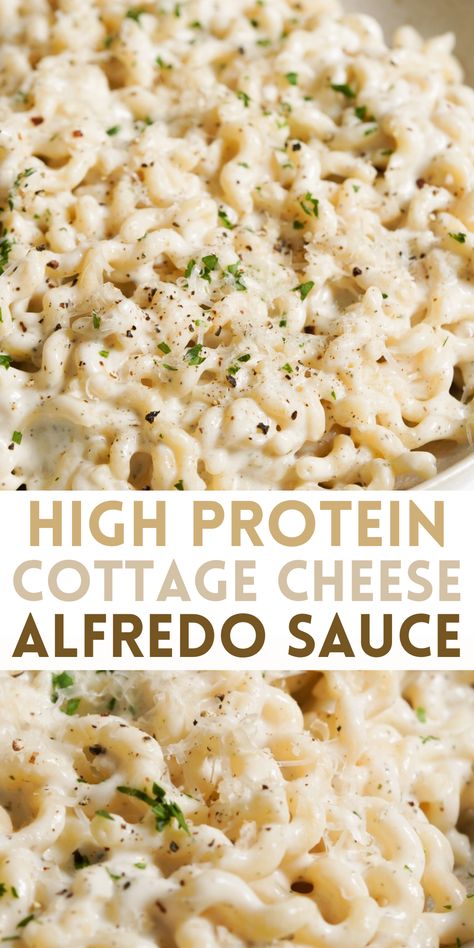 Indulge your creamy, carb-y pasta desires with my Healthy Cottage Cheese Alfredo recipe! Simply made with just 10 ingredients and ready in under 30 minutes, this easy high-protein variation has all the deliciousness of traditional alfredo sauce with none of the guilt. Alfredo Sauce Recipe Cottage Cheese, Cream Of Wheat Add Ins, Essen, Healthy Cottage Cheese Pasta Sauce, High Protein Cottage Cheese Alfredo Sauce, Pasta Sauce Cottage Cheese, Creamy Cottage Cheese Sauce, Cheese Sauce With Cottage Cheese, High Protein Pasta Sauce Cottage Cheese