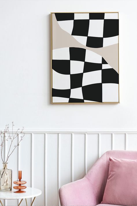 A poster with an abstract checkerboard pattern in white, black and beige on a white wall. A pink chair and a white table with two decorative vases. Checkerboard Art, Checkered Art, Checkered Wall, Canva Creations, Beige Fits, Home Aesthetics, Tufted Rugs, Small Apartment Living Room, Home Space