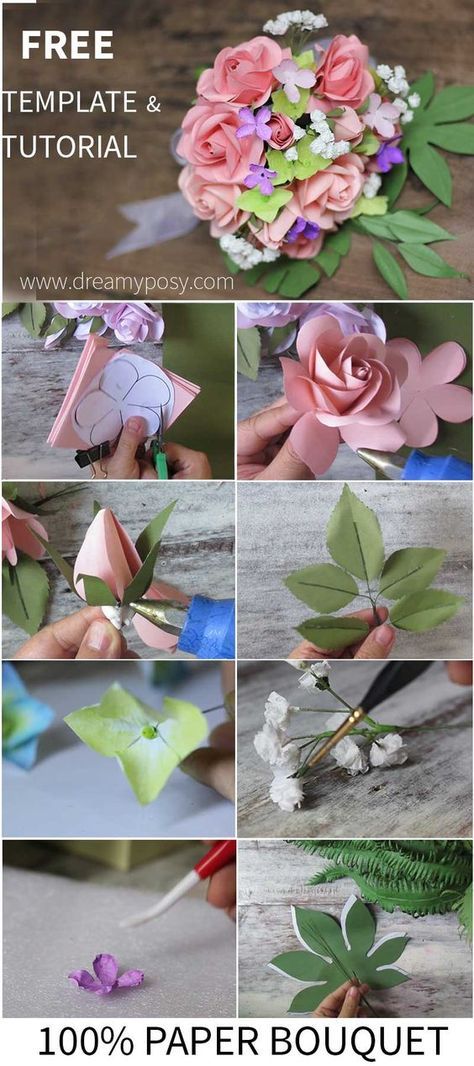 FREE template and full video tutorial for all rose flower, fringed flower (hydrangea and baby breath) and greenery to make your own wedding bouquet, so easy Paper Flowers Diy Wedding, Construction Paper Flowers, Paper Bouquet Wedding, Paper Flowers Wedding Bouquet, Flower Hydrangea, Making Paper Flowers, Easy Flowers, Bouquet Tutorial, How To Make Rose