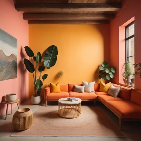 Interior Design Analogous Colors, Minimalist Home Colorful, Analogous Living Room, Colorful Vaulted Ceiling, Instagrammable Interior Design, Vibrant Living Room Ideas Eclectic, Multi Color Room Walls, Colorful Walls Home, Contrasting Wall Colors