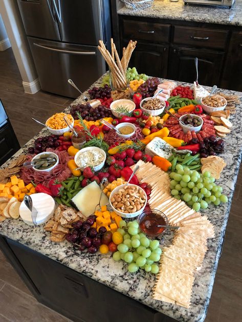 When Your Charcuterie Board is the Kitchen Island - Dining and Cooking Island Cheese Board, Charcuterie Board Ideas On Island, Charcuterie Board On Kitchen Island, Christmas Charcuterie Island, Grazing Table On Kitchen Island, Womens Conference Table Decor Centerpiece Ideas, Charcuterie Board On Island, Cheese And Meat Tray Ideas, Cheese Board Party Ideas