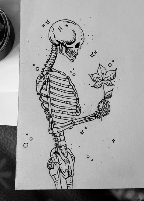 Skeleton Drawing Aesthetic, Easy Skeleton Drawing, Skeleton Holding Flowers, Simple Skeleton Drawing, Skeleton Sketches, Drawing A Skeleton, Skeleton Drawing Easy, Rome Tattoo, Wall Drawing Ideas