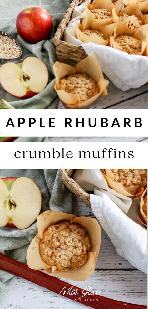 Fall Rhubarb Recipes, Rhubarb Apple Muffins, Rhubarb Apple Recipes, Rhubarb Healthy Recipes, Apple Rhubarb Recipes, Spring Muffins, Apple Rhubarb Crisp, Rhubarb Ideas, Rhubarb Oatmeal Muffins