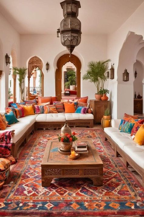 Indian Interiors Living Room, Spanish House Interior Living Room, Hacienda Style Living Room Mexico, Indian Baithak Living Rooms, Mexican Hacienda Living Room, Baithak Living Rooms, Indian Interior Design Living Rooms, Middle Eastern Living Room, Mexican Decor Living Room