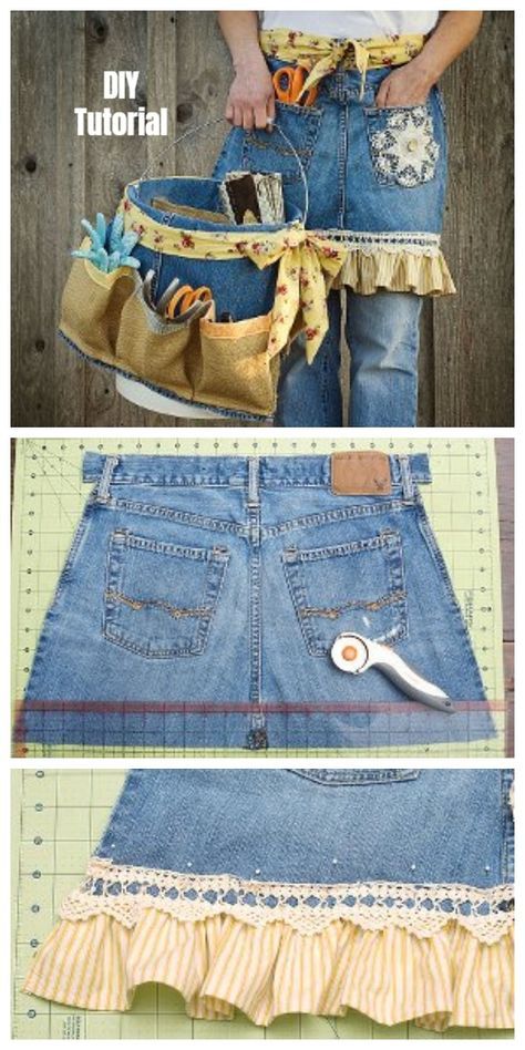 Jeans Apron, Jean Apron, Diy Ruffle, Apron Patterns, Diy Apron, Denim Crafts Diy, Skirt Diy, Diy Denim, Diy Jeans