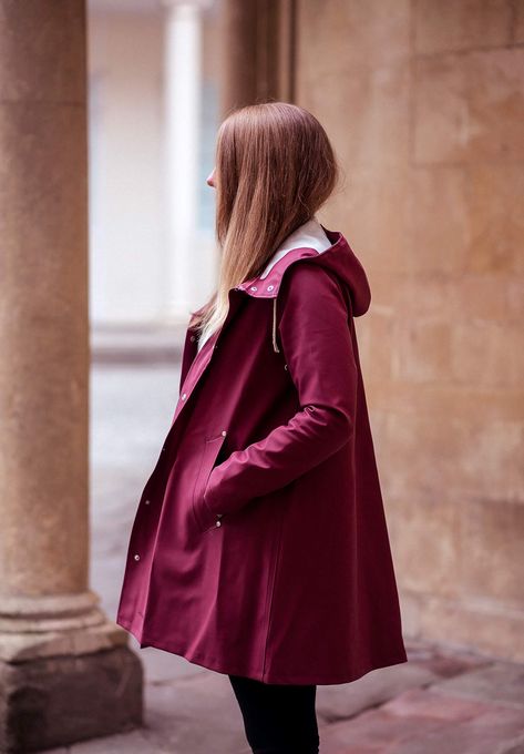 The Stutterheim Burgundy Raincoat Outfit | Raindrops of Sapphire Mosebacke Raincoat, Rain Jacket Outfit, Bossy Girl, Stutterheim Raincoat, Raincoat Outfit, Vinyl Raincoat, Red Windbreaker, Raincoat Jacket, Perfect Coat