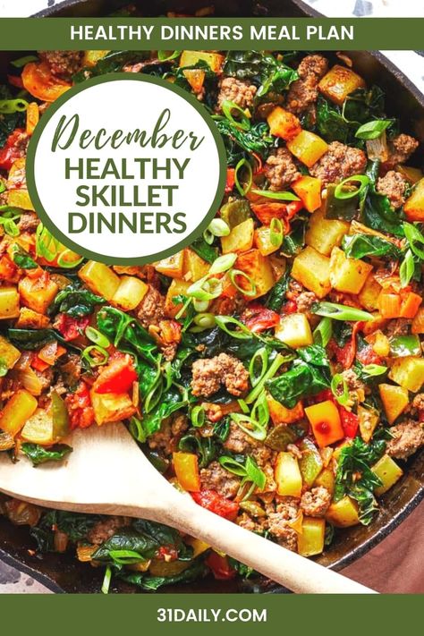 These 30 Minute December Skillet Dinners are full of healthy ingredients, delicious flavors, and simple execution. With something for everyone on this weeknight menu, it's a festive yet easy meal plan as the holiday countdown begins! December Meal Plan, Healthy Skillet, Easy Meal Plan, Countdown Begins, Holiday Countdown, Easy Meal Plans, Skillet Dinners, Menu Plan, December 2024