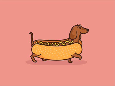 Hot Dog Dachshund by Aleksandar Savic on Dribbble Hot Dog Dog Drawing, Hot Dog Illustration Design, Halloween Dog Drawing, Hot Dog Logo Design, Hot Dog Wallpaper, Hot Dog Tattoo, Pun Illustrations, Hot Dog Drawing, Hot Dog Illustration