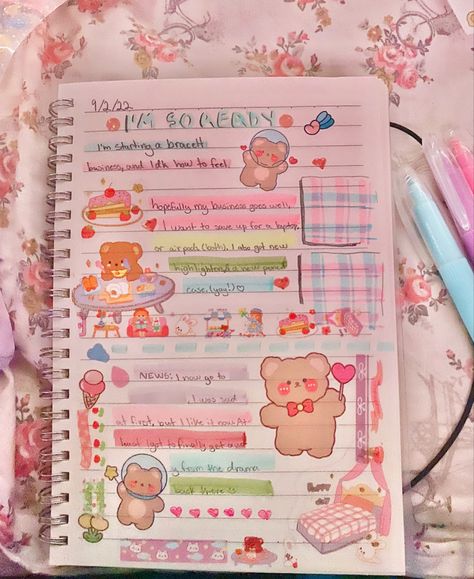 Kawaii Notes Aesthetic, Pastel Journal Aesthetic, Cute Notebooks Ideas, Kawaii Notes School, Candy Journal Ideas, Cute Note Aesthetic, Pastel Scrapbook Ideas, Cute Journal Ideas Aesthetic Korean, Kawaii Journal Aesthetic