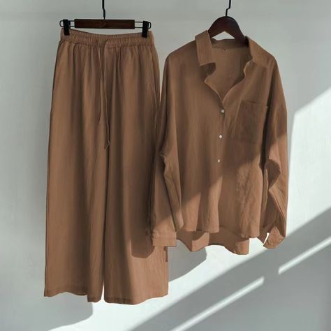 Full Brown Outfit, Linen 2 Piece Outfit For Women, Casual 2 Piece Outfit For Women, Pant And Shirt For Women, Pant Shirt For Women, How To Style Loose Pants, Linen Women Outfits, Cotton Outfits Women, Brown Set Outfit