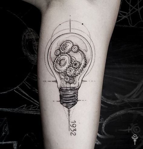 Grandfather Tattoos Memories, Engineering Tattoo Ideas, Electricity Tattoo, Grandfather Clock Tattoo, Grandfather Tattoo, Grandpa Tattoo, Lightbulb Tattoo, Tattoo Homme, Lamp Tattoo