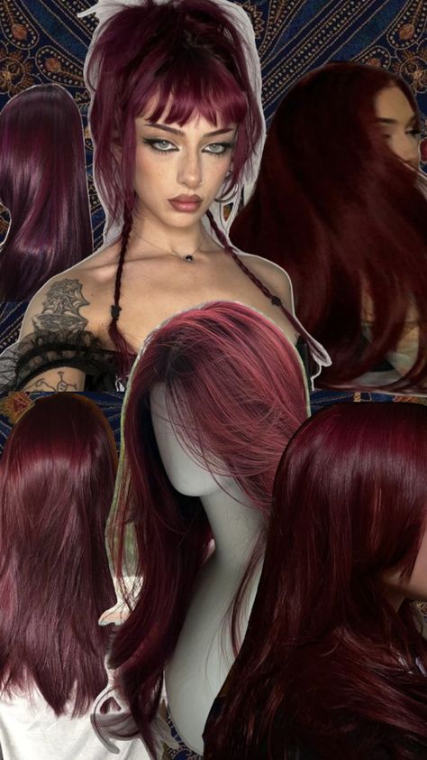 Alt Hair Dye, Baby Bangs Long Hair, Alt Hair, Cherry Hair Colors, Red Hair Inspiration, Hair Inspiration Long, Wine Hair, Y2k Hairstyles, Dark Red Hair