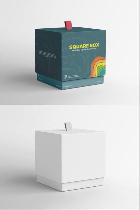 If you are working on a packaging project and the package shape is square, then today’s free mockup is the best one for your presentation. Free Slide Square Box mockup features a beautiful gift box that has a ribbon on the top of the lid for easy opening. With an amazing perspective view, this free square sleeve box allows you to showcase your design from three different angles. #freemockup #slidebox #squarebox #paperbox #psdmockup #boxmockup #branding #packaging #design #print Cube Package Design, Printed Boxes Packaging, Square Box Packaging Design, Paper Box Packaging Design, Square Packaging Design, Slide Box Packaging, Creative Box Design, Box Design Package, Creative Box Packaging