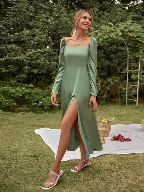 Solid Square Neck Split Hem Dress | SHEIN USA Sage Green Prom, Sage Green Prom Dress, Silk Dress Design, Raw Silk Dress, Green Prom Dresses, Long Sleeve Bridesmaid Dress, Square Neck Long Sleeve, Green Prom, Split Hem Dress