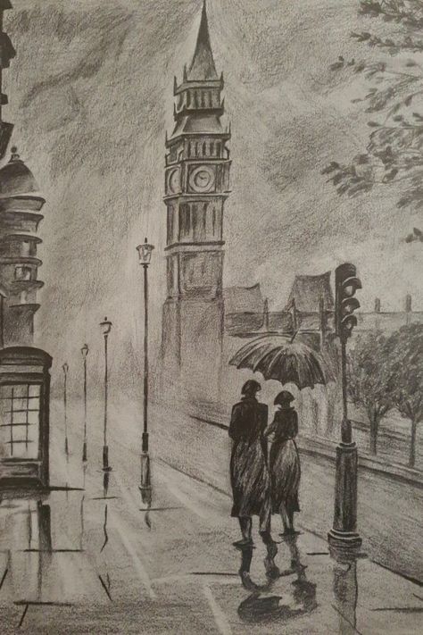 Scenery Sketches Pencil, London Art Drawing, Scenery Sketch, Easy Scenery Drawing, Drawing Scenery, London Clock, Paint Drawing, Arte Punk, Cool Pencil Drawings