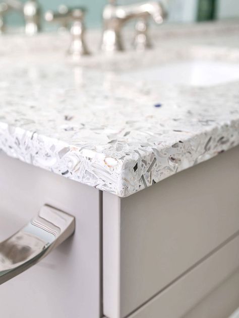 White recycled glass countertop gray cabinets Blue Countertops, White Quartzite Countertops, Recycled Glass Countertops, White Kitchen Countertops, Glass Countertop, Design My Kitchen, Kitchen Countertops Laminate, White Granite Countertops, White Concrete Countertops