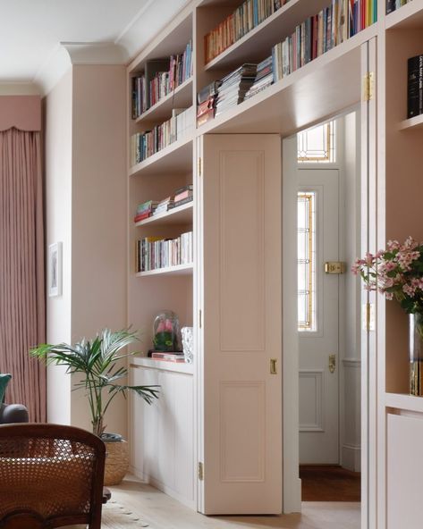 Built-In Bookcase Around Door Ideas Hallway Layout, Library Door, Shaker House, Shaw House, Bookshelf Door, Internal Sliding Doors, Living Room Built Ins, Bookcase Door, Library Wall