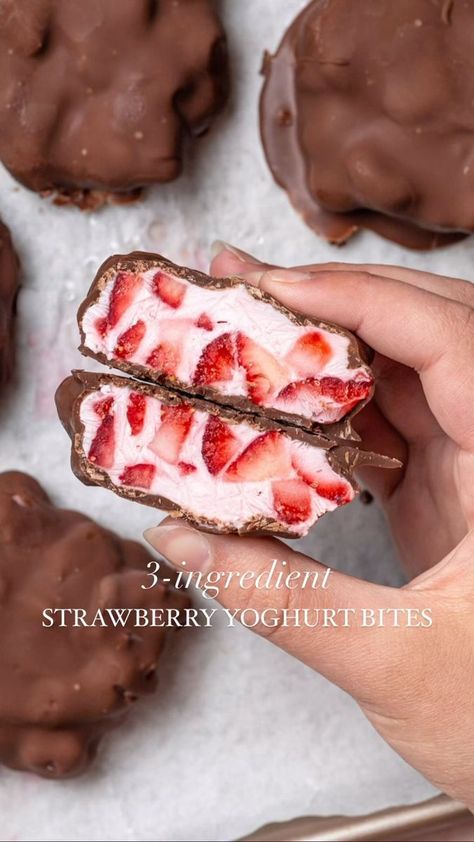 Margaret Pahos on Reels | IntroxVerse · Matcha Cafe Chocolate Protein Bites, Strawberry Bites, Strawberry Yoghurt, Baking Recipes Healthy, Yoghurt Recipe, Matcha Cafe, Strawberry Protein, Yogurt Bites, Covered Strawberry