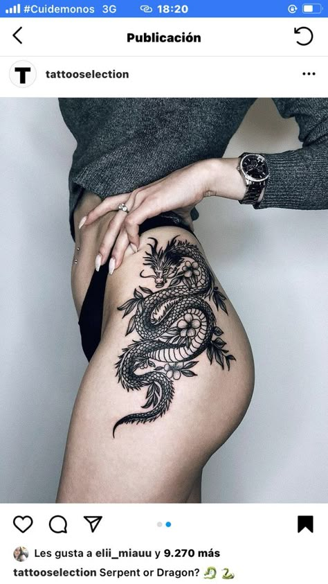 Hip Tattoos Women Dragon, Dragon Hip Tattoos Women, Dragon Tattoo On Hip, Dragon Thigh Tattoo, Dragon Tattoo For Women, Hip Thigh Tattoos, Hip Tattoos Women, Bff Tattoos, Geniale Tattoos