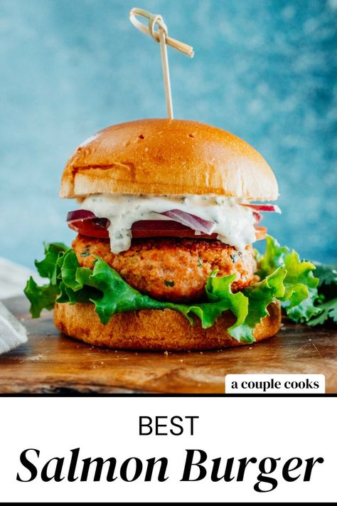 Here's the salmon burger recipe you need! They're easy and have the best flavor: each bite is perfection slathered with remoulade sauce. #salmonburger #salmon #salmonrecipe #salmonburgerrecipe #easysalmonburger #dinner #seafood #easy #healthy Salmon Hamburger, Salmon Burger Toppings, Salmon Burger Sauce, Salmon Burgers Recipe, Pistachio Crusted Salmon, Salmon Burger Recipe, Dinner Seafood, Salmon Burger, Winter Salad Recipes