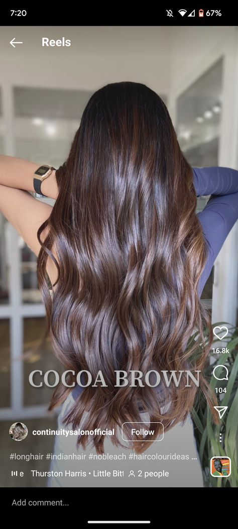 Indian Brown Hair, Brown Global Hair Color, Cocoa Brown Hair Color, Cocoa Hair Colour, Global Hair Color For Indian Skin Tone, Hazelnut Hair Color Brown, All Brown Hair, Cocoa Brown Hair, Hazelnut Brown Hair